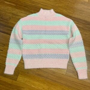MAJOR Label‎ Group Striped Fuzzy Mock Neck Sweater XS Pink Purple Pastel Fluffy